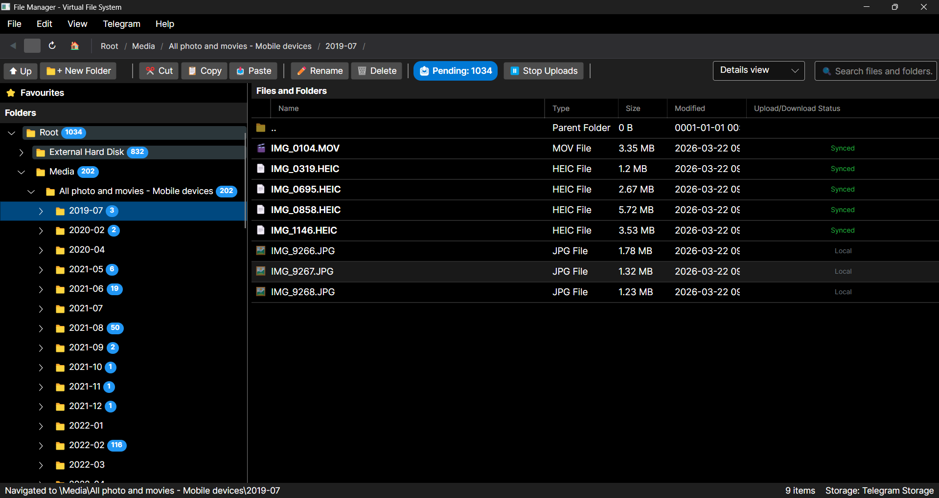 VastacDrive desktop application showing file manager with folder tree, file list, breadcrumb navigation, and cloud sync status